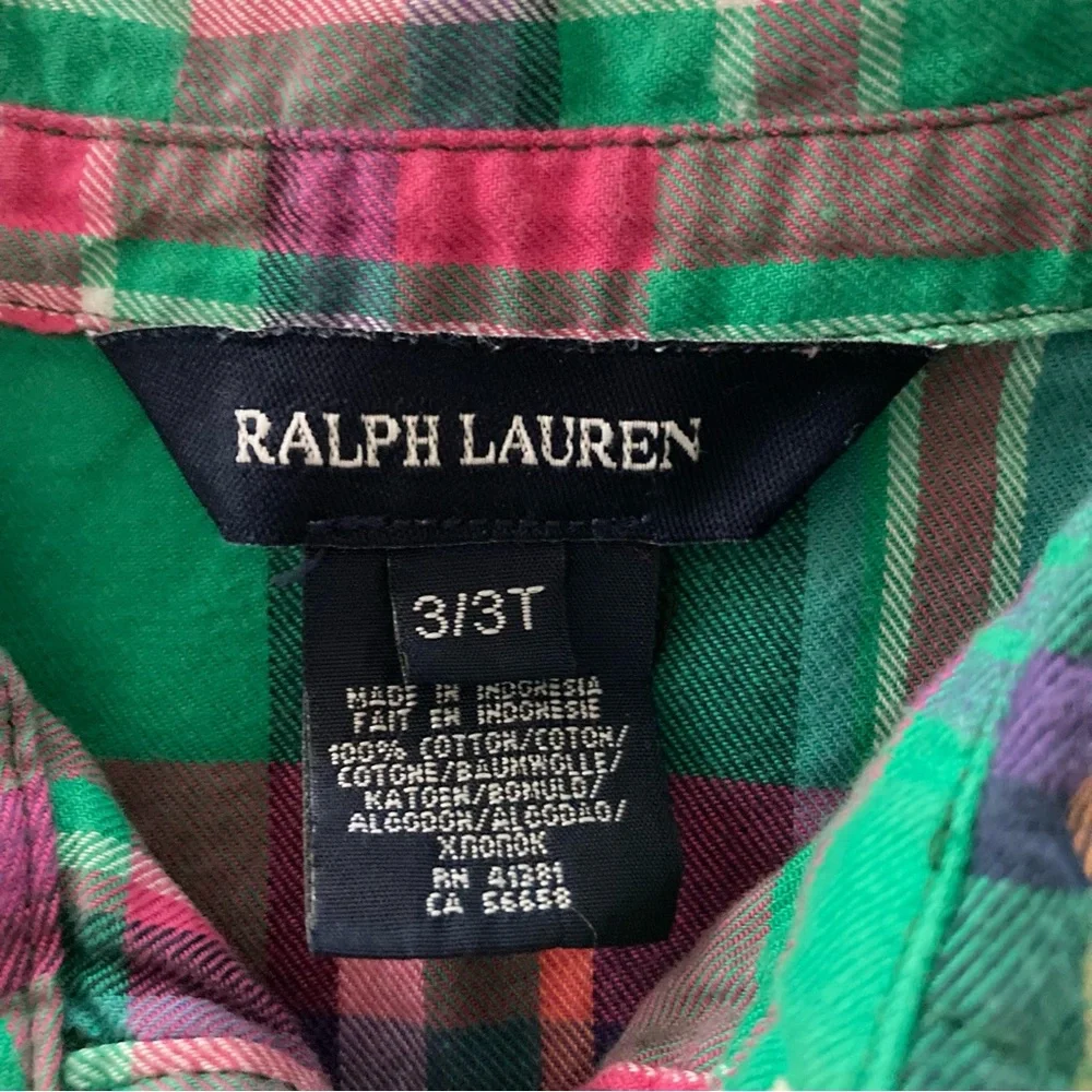 Ralph Lauren 3T Green Pink Plaid Ruffle Shirt